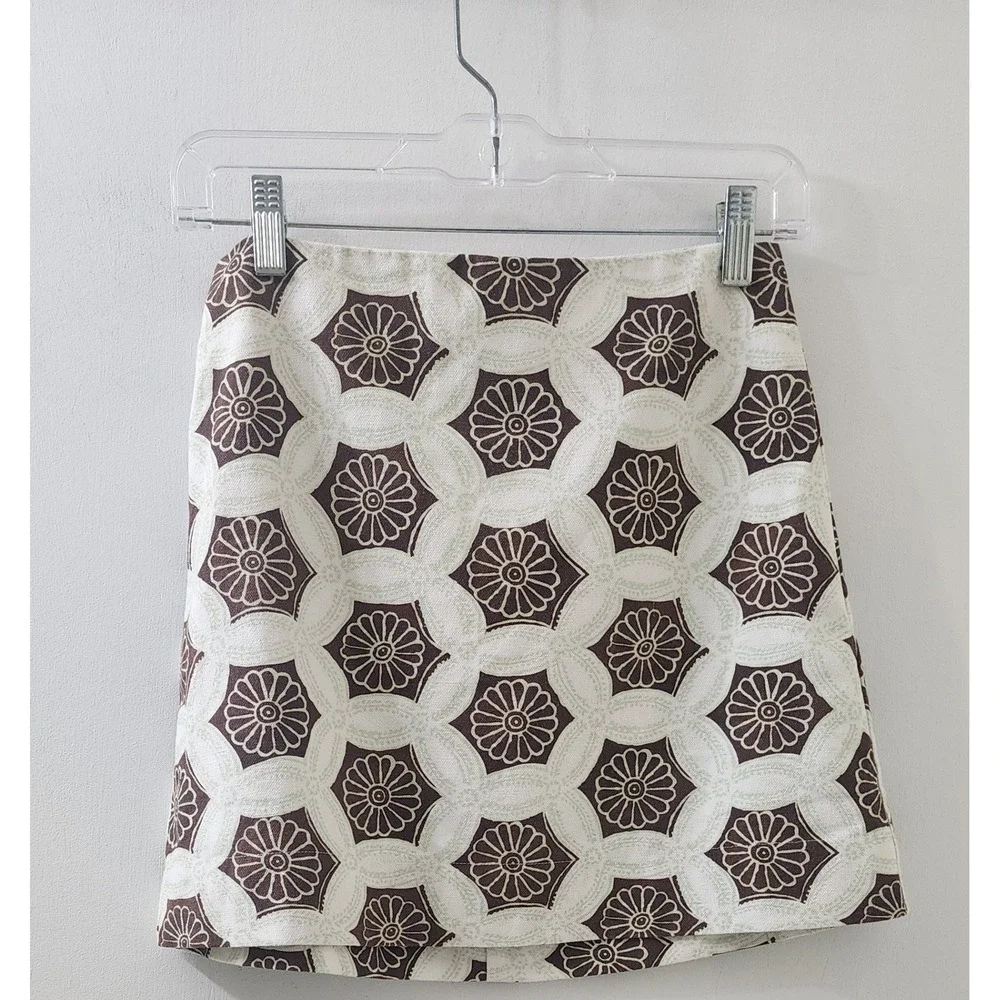 Julia Amory Brown Cream Geometric Floral Block Print Cotton Mini Skirt XS New - Picture 1 of 7